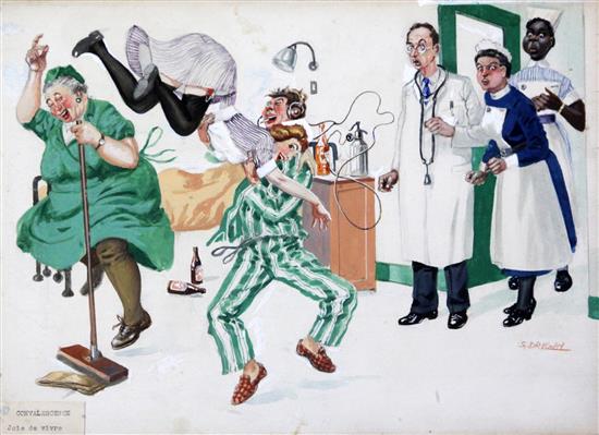 Sergei Drigin (1894-1977) Caricatures relating to a staying in a hospital for a heart operation 10.5 x 15in., unframed